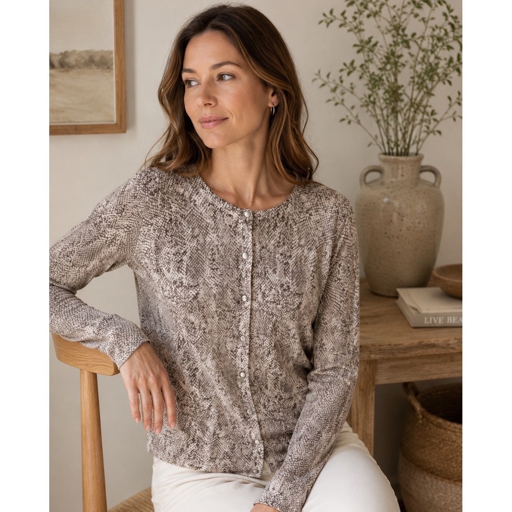 Ann Taylor Factory Women Medium Cardigan Snakeskin Print Neutral Taupe Sweater
